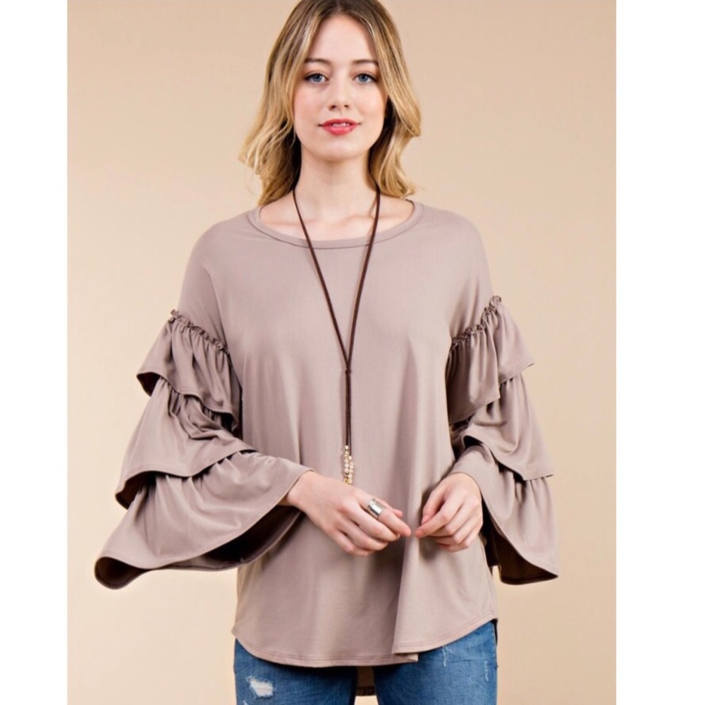 2 Smalls LEFT Tan Tiered Ruffle Bell Sleeve Blouse